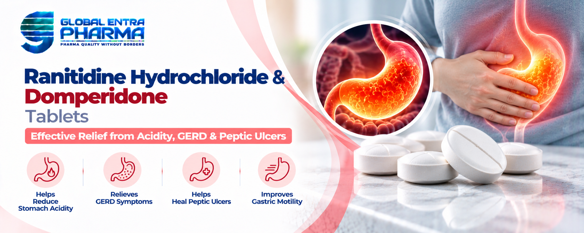 Ranitidine Hydrochloride 150 mg & Domperidone 10 mg Tablets Manufacturer in India